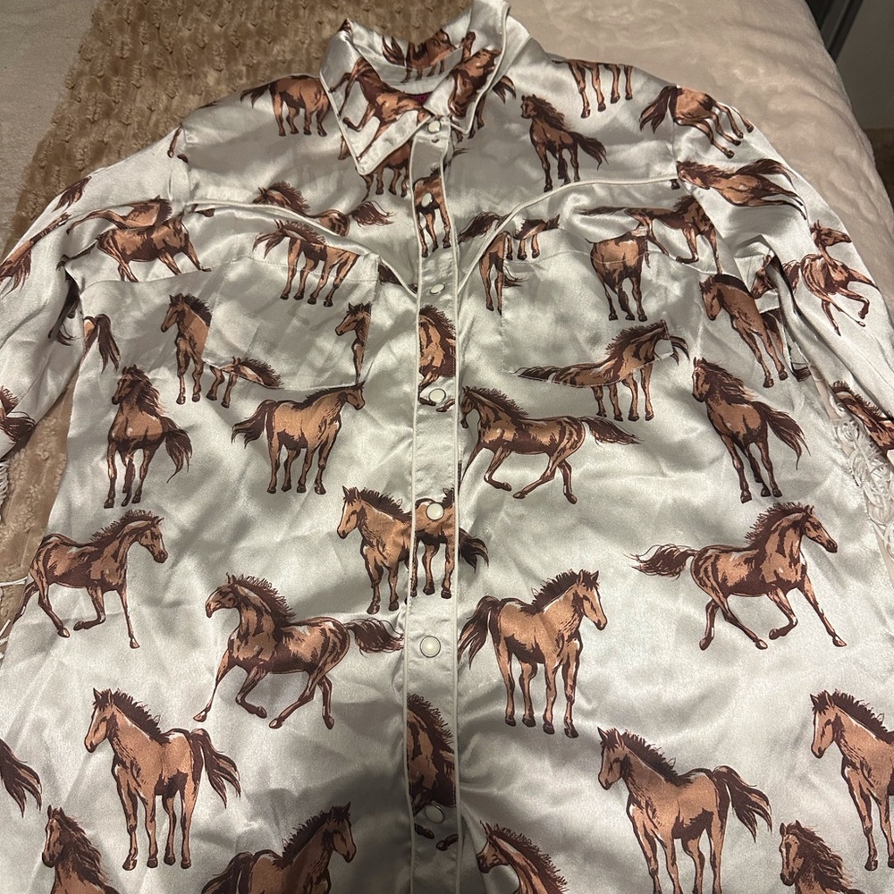 Men's Horse Print Button-Down Shirt - White and Brown